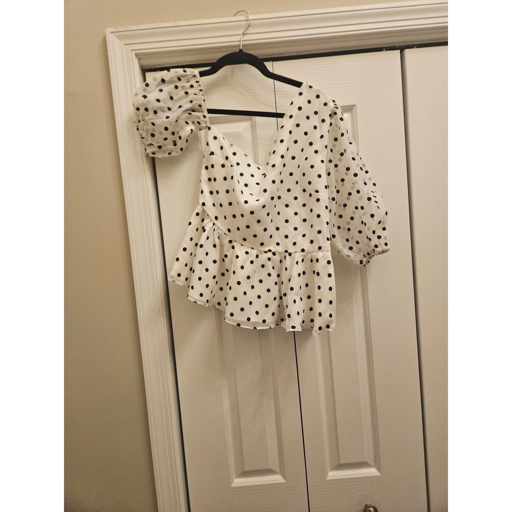 Camila Coelho Polka Dot One Shoulder Puff Sleeve Peplum Blouse White Black Small